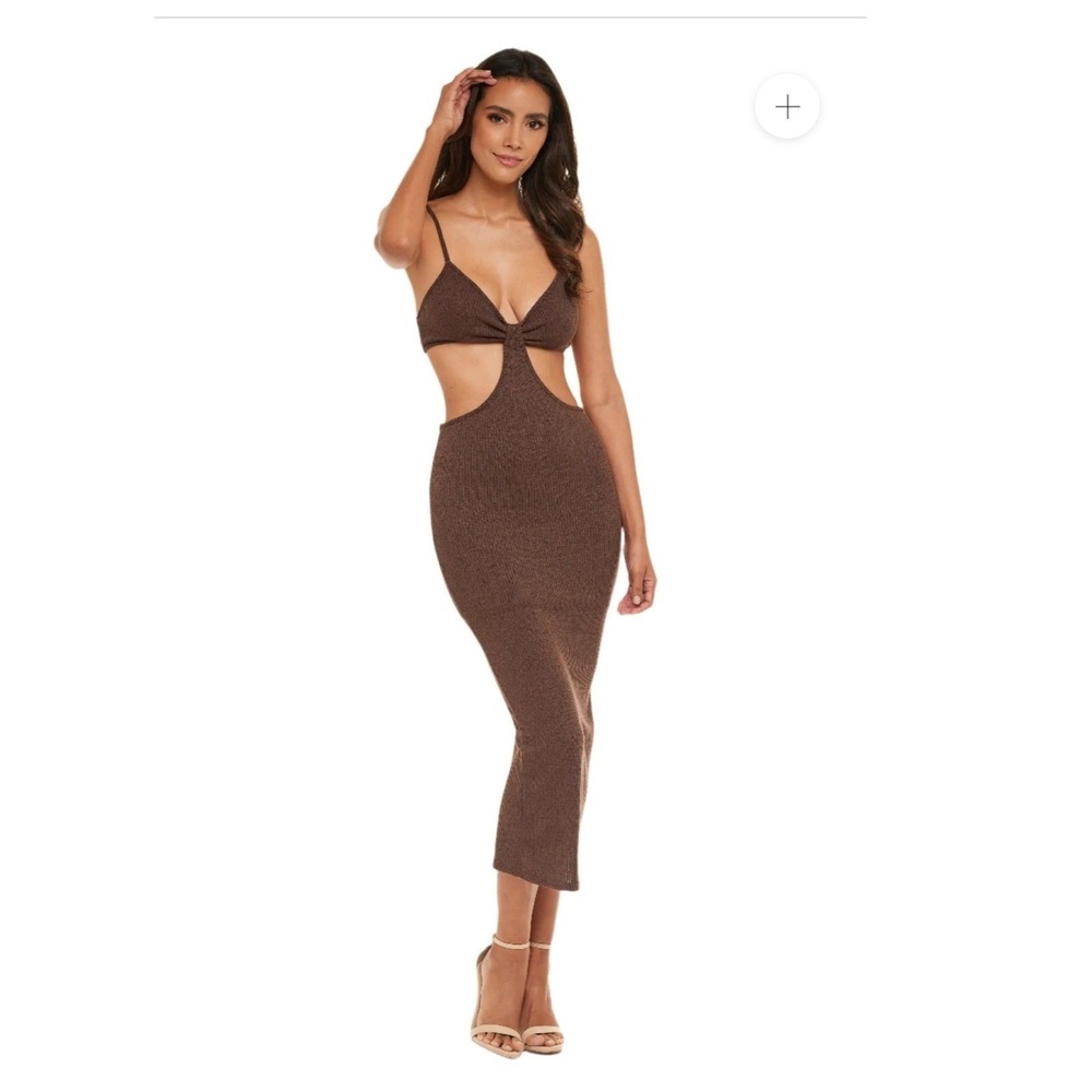 Amable Brown Ribbed Knit Cutout Bodycon Midi Dress Sleeveless Open Back Sz S